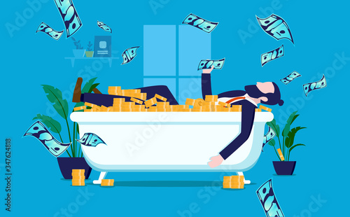 Rich investor businessman - Corporate hipster bathing in bathtub filled with money at home. Filthy rich, millionaire, wealth and financial freedom concept. Vector illustration.