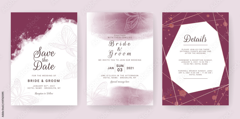 Elegant wedding invitation card template set with maroon and butterflies decoration. Abstract background for save the date, greeting, poster, and cover design