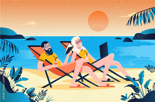 Couple on beach - Two happy people relaxing on a tropical beach paradise on vacation. Reading book and surfing the internet with drink in hand. Sunset and sea in background. Vector illustration.