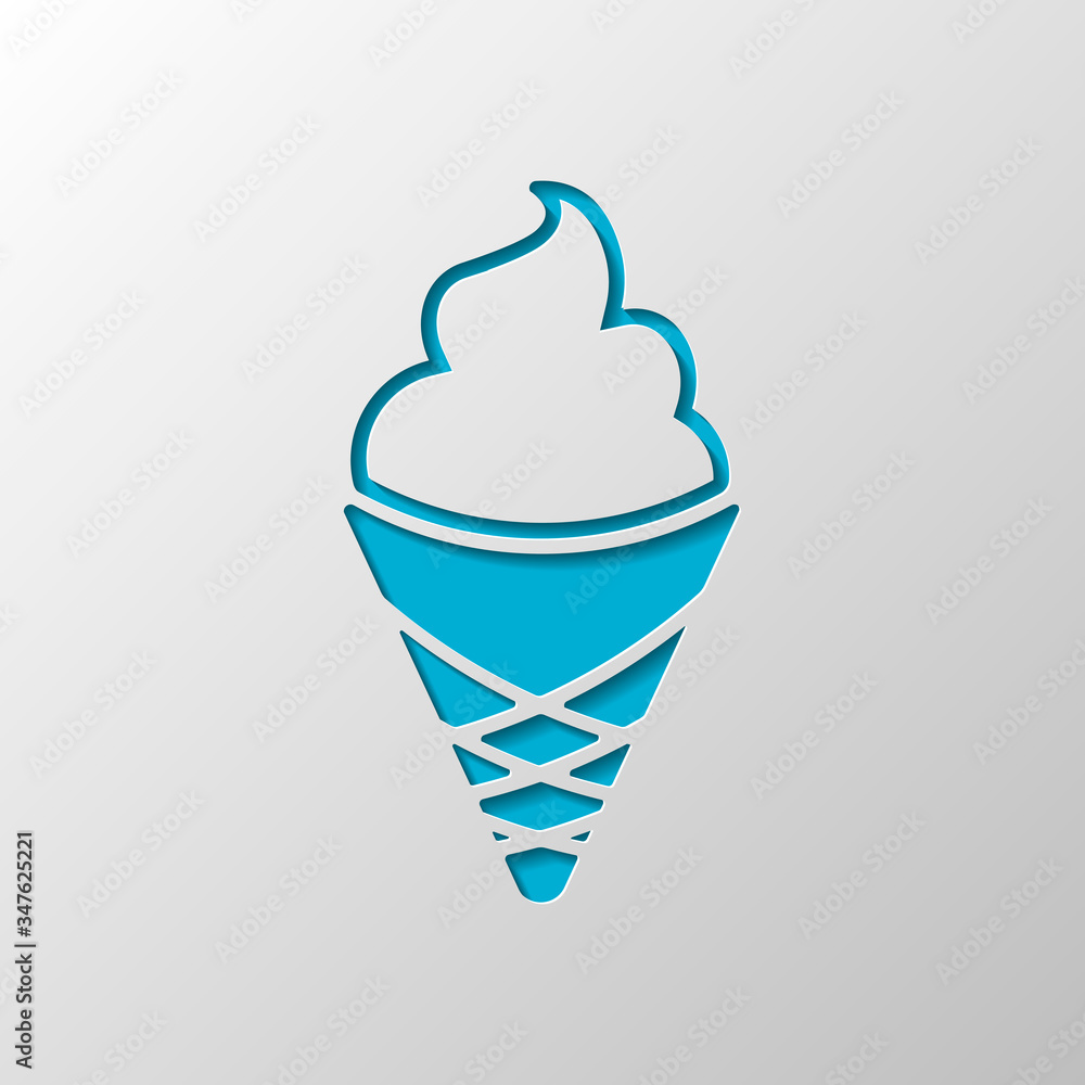 Ice cream in waffle cup. Simple icon. Paper design. Cutted symbol with shadow