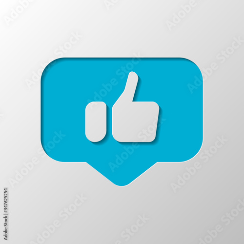 Hand with thumb up in notification cloud, like, social icon. Paper design. Cutted symbol with shadow