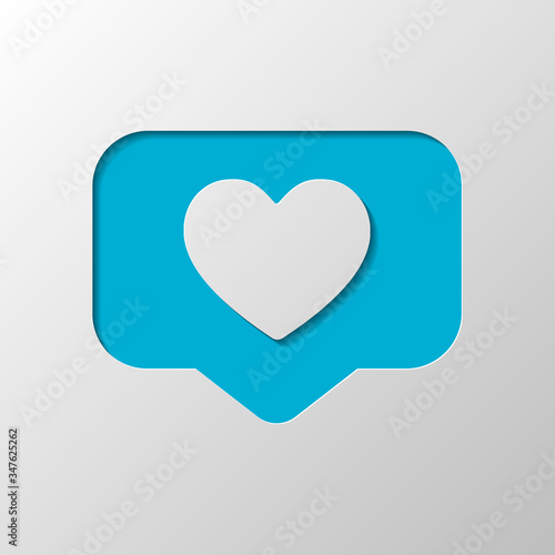 Like icon, heart in notification cloud, social symbol. Paper design. Cutted symbol with shadow