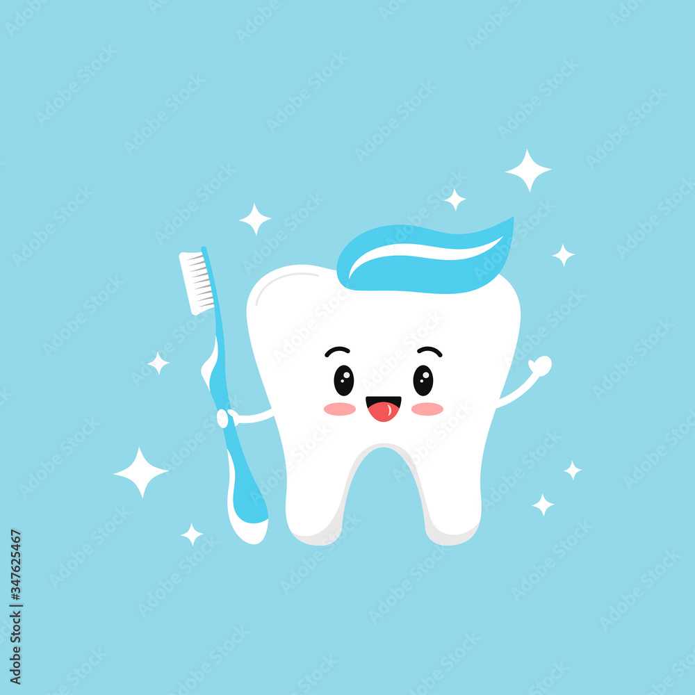 Cute tooth emoji with blue toothbrush paste on head and sparkles. Cute tooth emoji with blue toothbrush paste on head and sparkles.