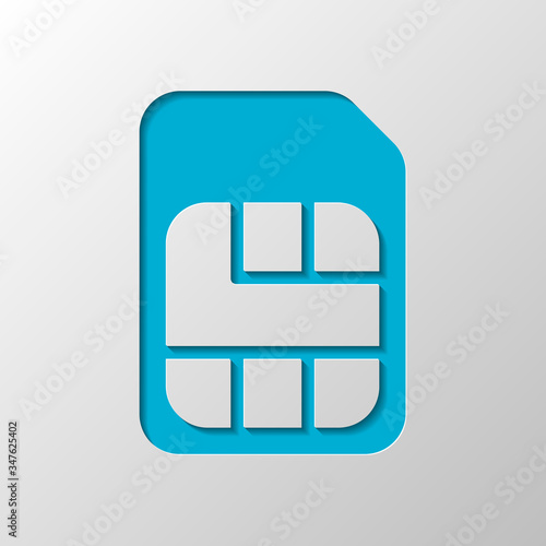 Electronic sim card, plastic mobile chip for cellphone. Simple icon. Paper design. Cutted symbol with shadow