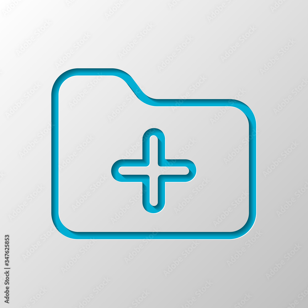 Folder with plus mark, outline linear business icon. Paper design. Cutted symbol with shadow Folder with plus mark, outline linear business icon. Paper design. Cutted symbol with shadow