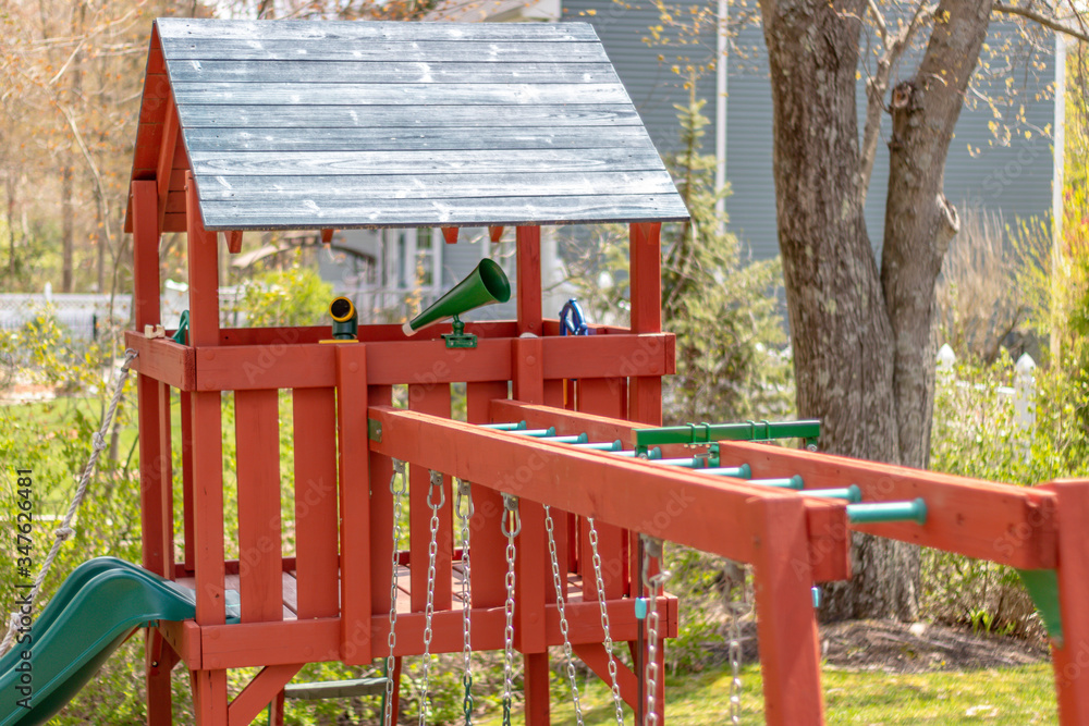 swingset with monkey bars, swings, tree house with accessories like megaphone, steering wheel, and periscope swingset with monkey bars, swings, tree house with accessories like megaphone, steering wheel, and periscope