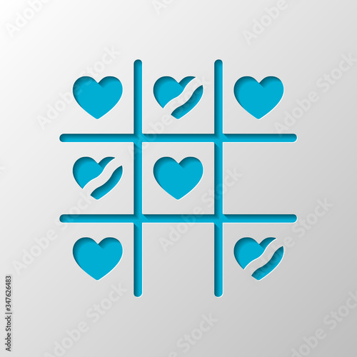 Tic tac toe game, love version with heart, valentine day icon. Paper design. Cutted symbol with shadow