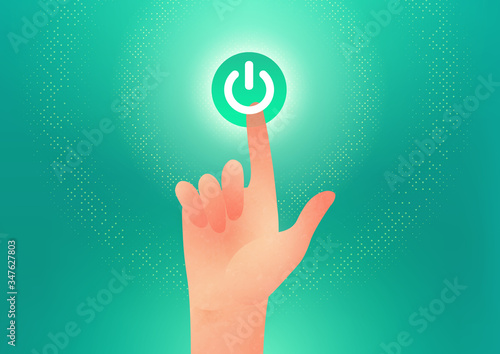 Male hand indicating power on icon using finger switching on power button on green background with space for headline and text.