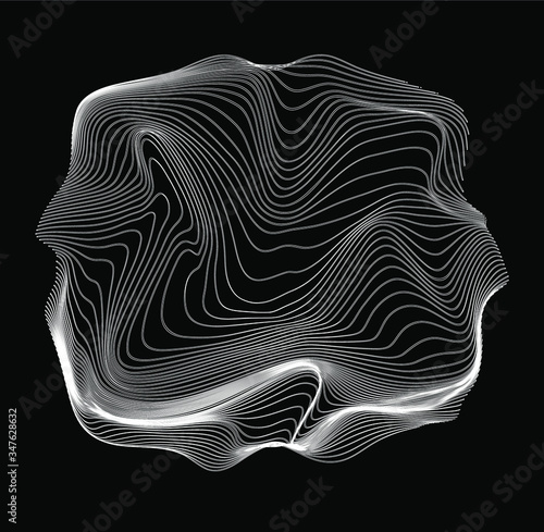 Glitched and twisted sphere with wavy texture. Abstract technology and science background.