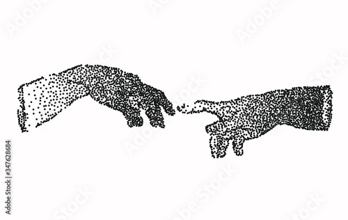 Two hands going to touch togerther. Arms made of particles. Creation of Adam.