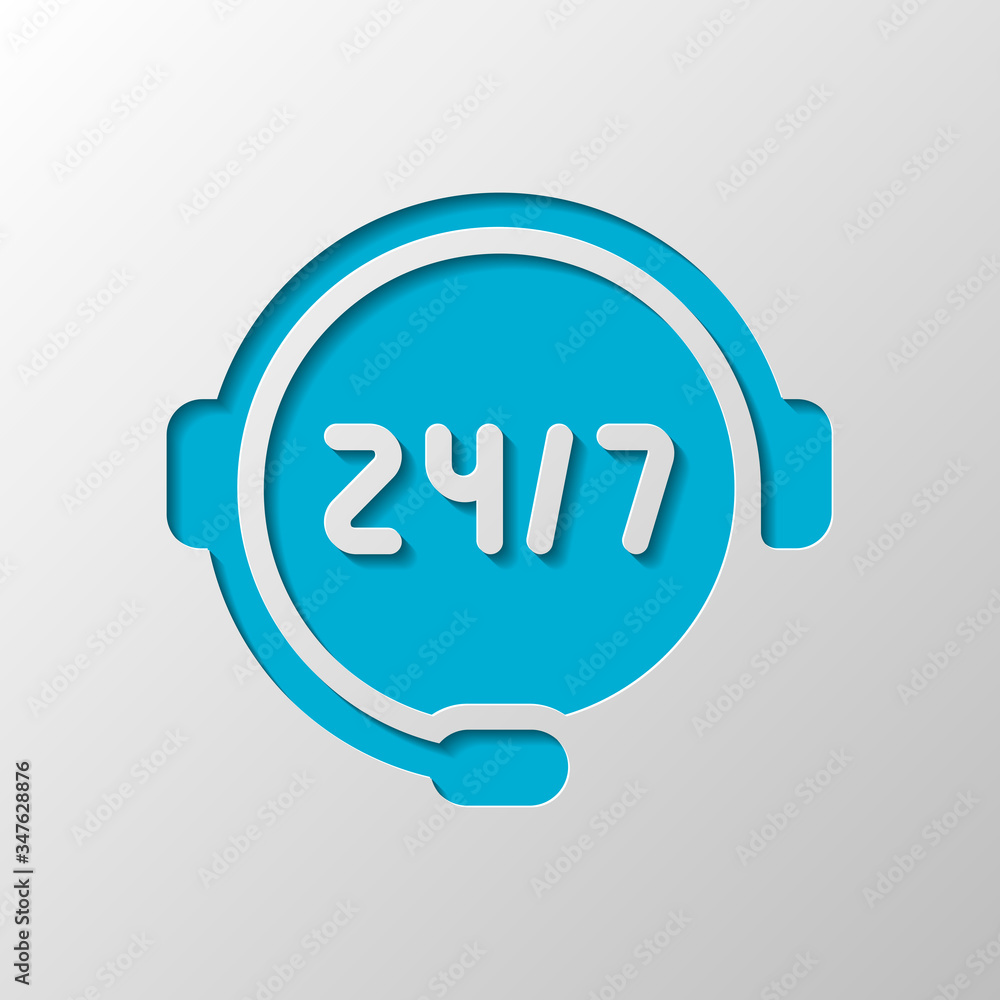 Call or support center, 24 and 7. Paper design. Cutted symbol with shadow Call or support center, 24 and 7. Paper design. Cutted symbol with shadow
