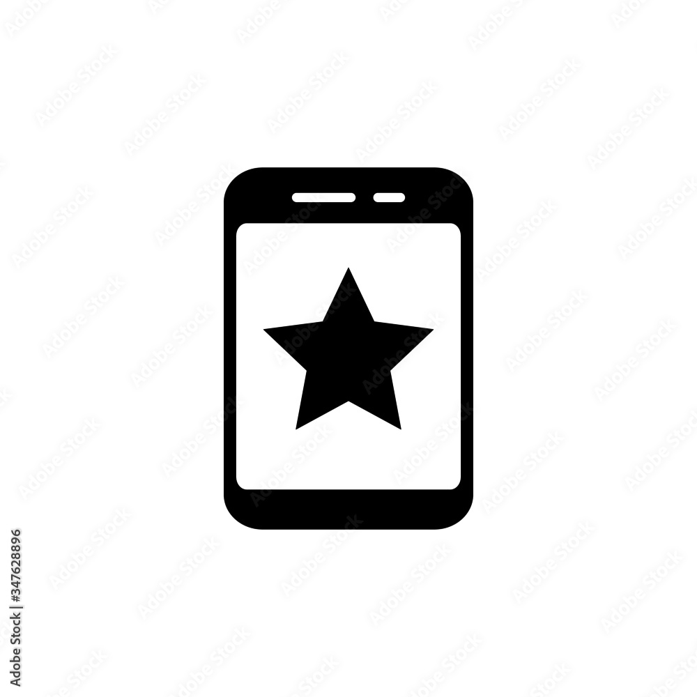 Smartphone or phone receiving message icon with star sign, best, favorite, rating symbol in black flat design on white background, Smartphone or phone receiving message icon with star sign, best, favorite, rating symbol in black flat design on white background,
