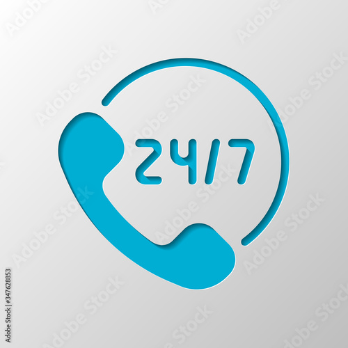 Call or support center, 24 and 7. Paper design. Cutted symbol with shadow