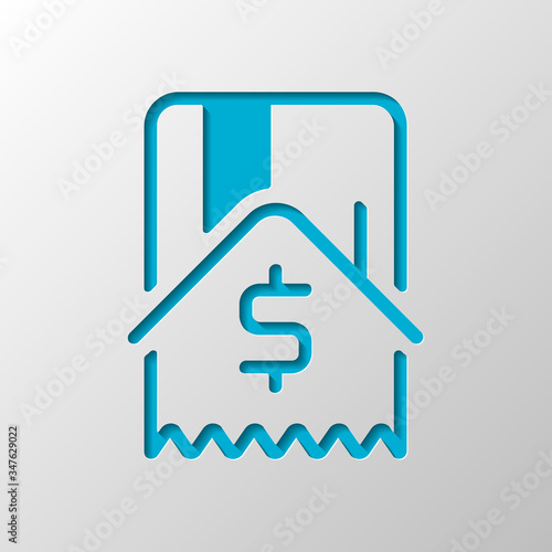 Buy house, credit card and receipt with dollar sign. Paper design. Cutted symbol with shadow