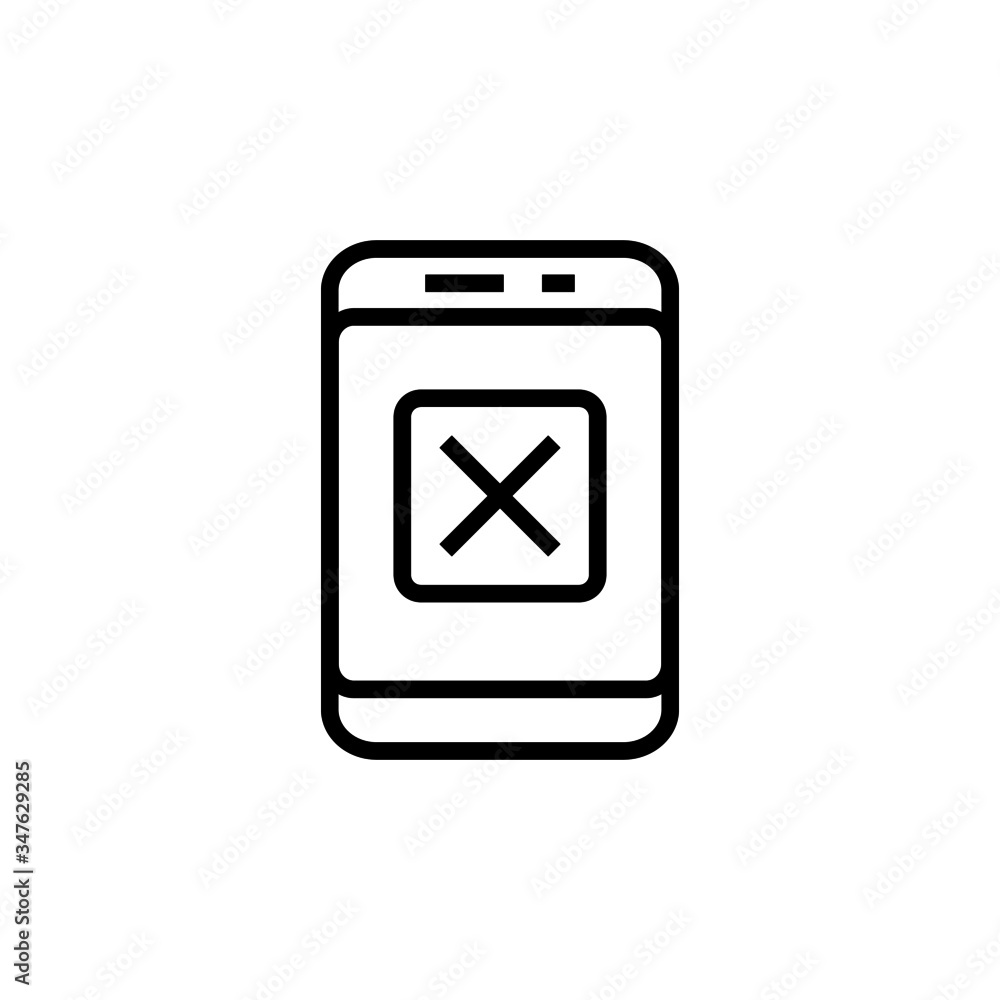 Smartphone or phone receiving message icon with cancel sign, close, delete, remove symbol in outline style on white background, Smartphone or phone receiving message icon with cancel sign, close, delete, remove symbol in outline style on white background,