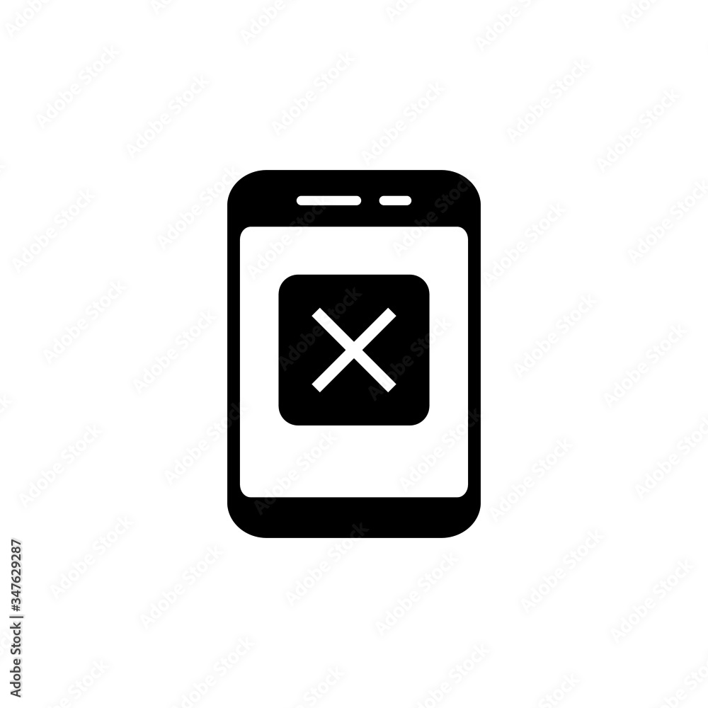 Smartphone or phone receiving message icon with cancel sign, close, delete, remove symbol in black flat design on white background, Smartphone or phone receiving message icon with cancel sign, close, delete, remove symbol in black flat design on white background,