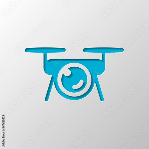 Drone with camera, tech logo. Paper design. Cutted symbol with shadow