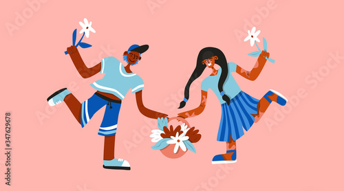 Happy couple running to each other. Girl with skin problem vititligo. Concept for word vititligo day. Colorful flat illustration