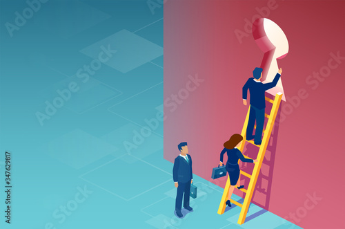 WebVector of businessmen and businesswoman climbing up a ladder to escape through a door keyhole.