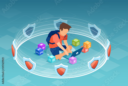Vector of a boy using laptop computer surrounded by 3d shields, software protection