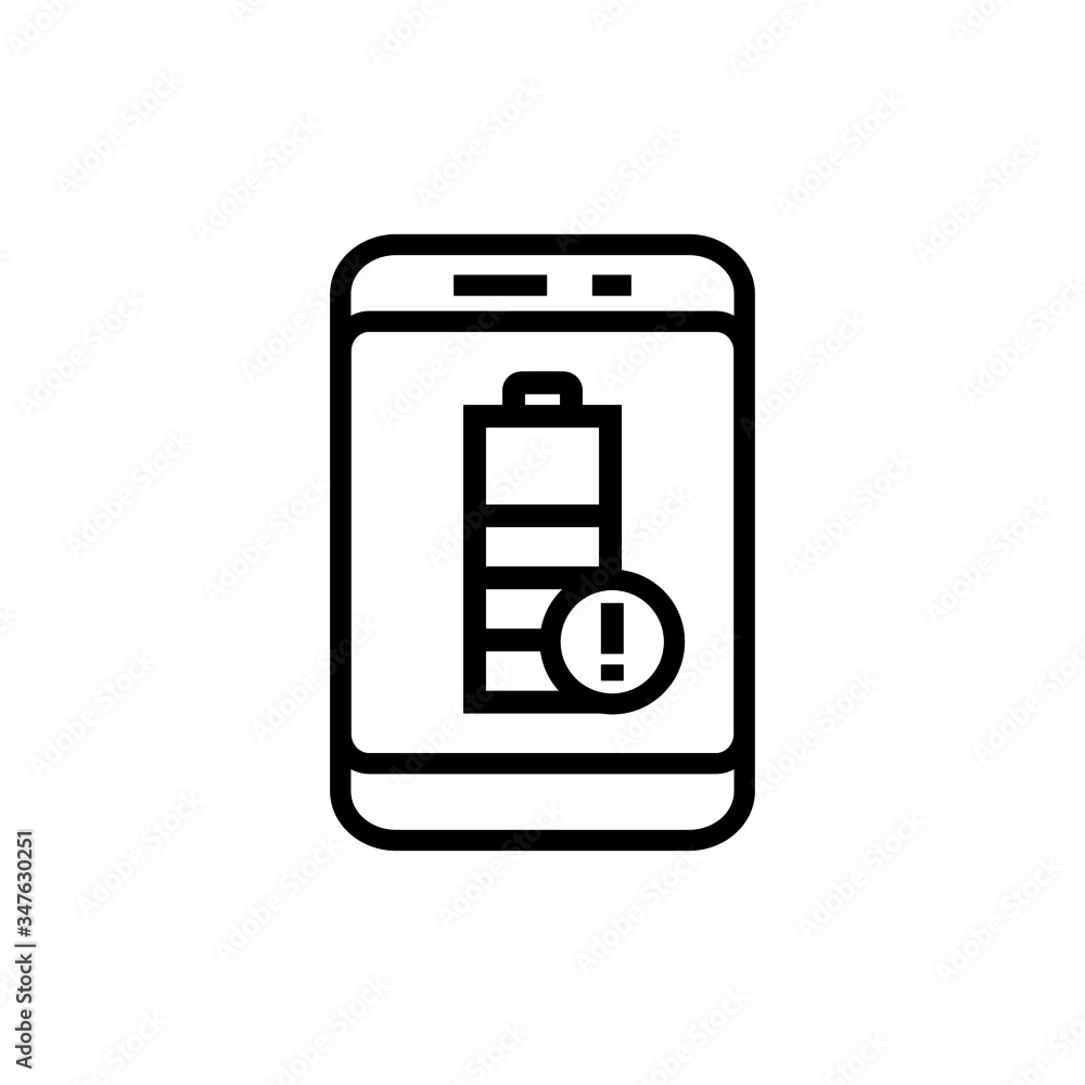 Phone battery low alert icon in black flat design on white background, linear style sign for mobile concept and web design, Smartphone battery warning sign vector icon, Symbol, logo illustration, Vec Phone battery low alert icon in black flat design on white background, linear style sign for mobile concept and web design, Smartphone battery warning sign vector icon, Symbol, logo illustration, Vec