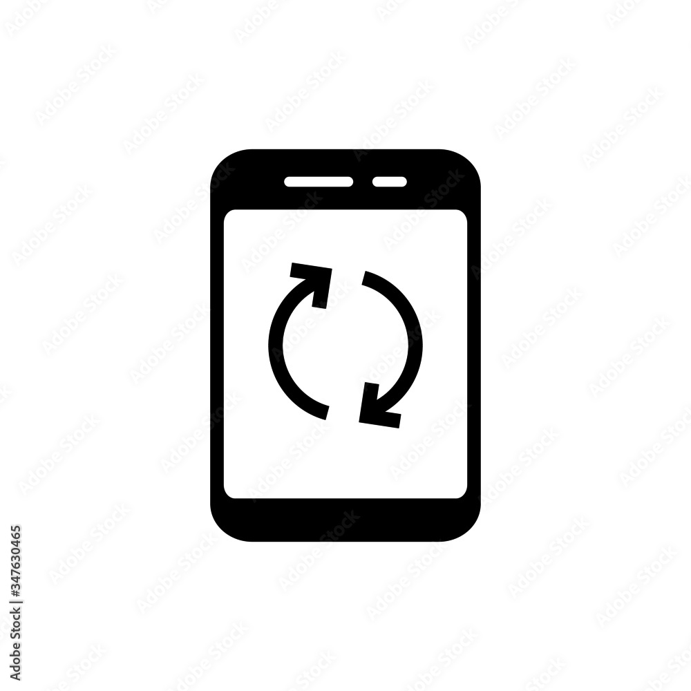 Smartphone update icon in black flat design on white background, Telephone upgrade screen sign for mobile concept and web design, Mobile phone refresh arrows outline vector icon, Symbol, logo illustra Smartphone update icon in black flat design on white background, Telephone upgrade screen sign for mobile concept and web design, Mobile phone refresh arrows outline vector icon, Symbol, logo illustra