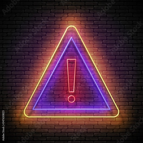 Glow Exclamation Mark in Triangle Border, Attention Warning Sign