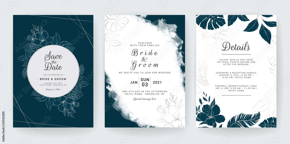 Abstract background. Wedding invitation card template set with navy and line floral decoration for save the date, greeting, poster, and cover design