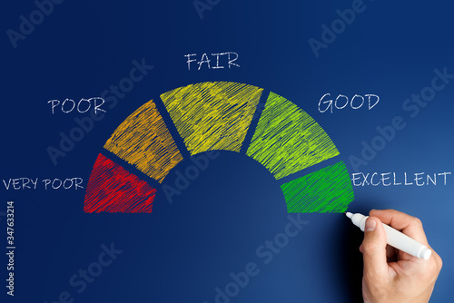 Fotografia credit score concept, male hand draws a chart with credit history values