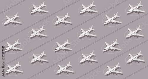 Planes grounded by coronavirus pandemic sit idle at airport. Flat vector pattern