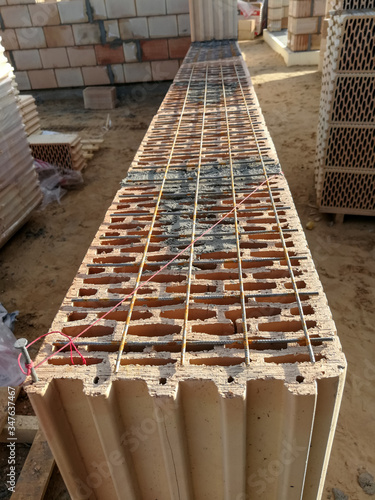 Steel rebar cement reinforcement in construction blocks photo