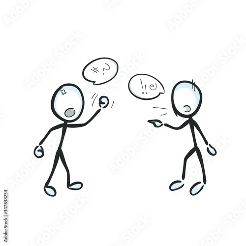 Conflict and disagreement. enemies fighting and arguing  with anger and aggression. Shouting, argumentation, violence. Hand drawn. Stickman cartoon. Doodle sketch, Vector graphic illustration