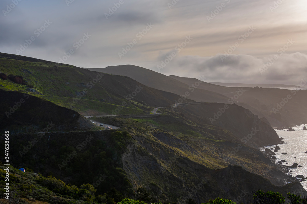 Fototapeta premium View of the Pacific Coast Highway 1 scenic route with tent on the cliffside