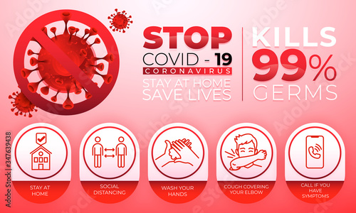 banner Stop Covid 19 Coronavirus prevention icons handwritten typography lettering text line design colorful virus draw white isolated background banner white, red,2020, bacterias