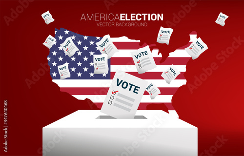 flying vote paper put in election box with America flag in map. concept for USA election vote theme background.