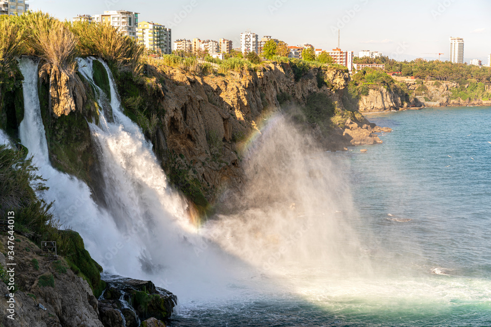 the beautiful view of splashing waters of Duden Waterfall, Antalya