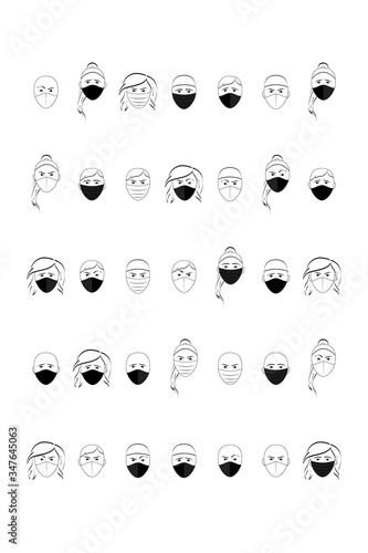 A set of images of a masked person. Epidemic, vector graphics, simple shapes, black and white, emotions