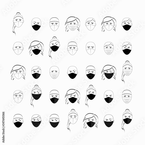 A set of images of a masked person. Epidemic, vector graphics, simple shapes, black and white, emotions