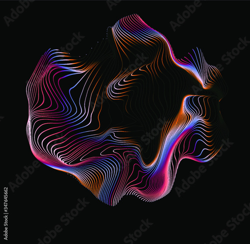 Illuminated holographic circle with glitched texture made by generative algorithm. Retrofuturistic illustration in 80s-90s synthwave and retrowave chromatic spectrum colors.