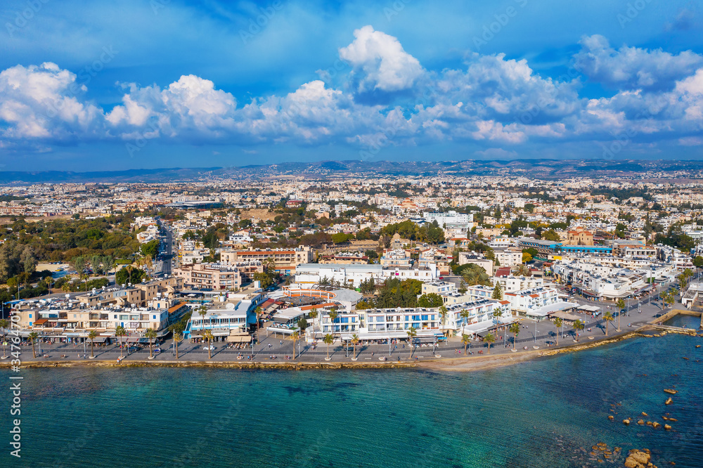 Cyprus. Pathos. Paphos resort city on mediterranean coastline aerial panorama.
