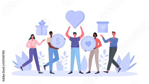 Concept of charity and donation. People give and share love, money, boxes with clothing, food, medicines,products to poor, homeless and elder persons. Philanthropy flat cartoon vector illustration.