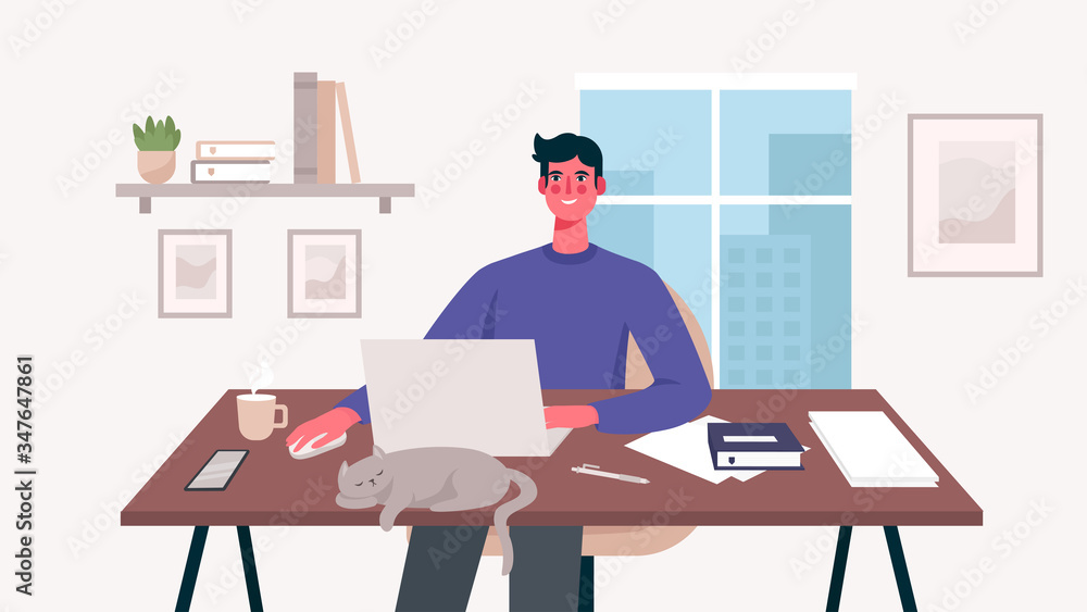 Man working at her desk with laptop. Home office. Freelance or studying concept. Daily life of freelance worker, everyday routine. Remote worker. Cute illustration in flat cartoon style. Man working at her desk with laptop. Home office. Freelance or studying concept. Daily life of freelance worker, everyday routine. Remote worker. Cute illustration in flat cartoon style.