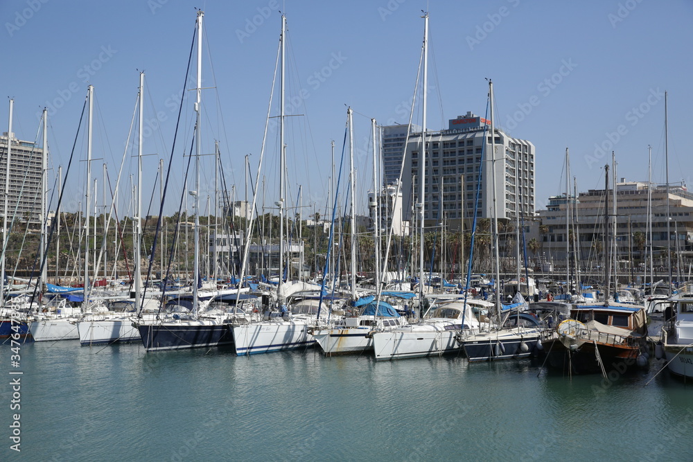 
Yachts and boats on the pier marina in Tel Aviv Israel. Banner,  poster, background. 
