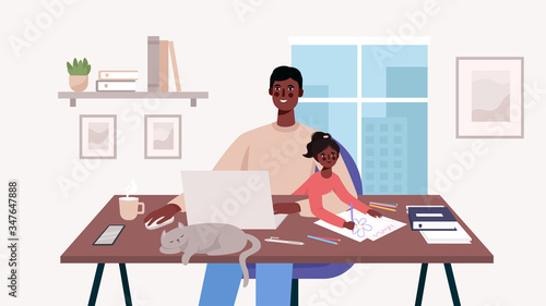 Cute happy father sits with a baby and works at a laptop. Home office. Man freelancer, remote work and raising a child at workplace. Family together with cat on table Flat cartoon vector illustration.