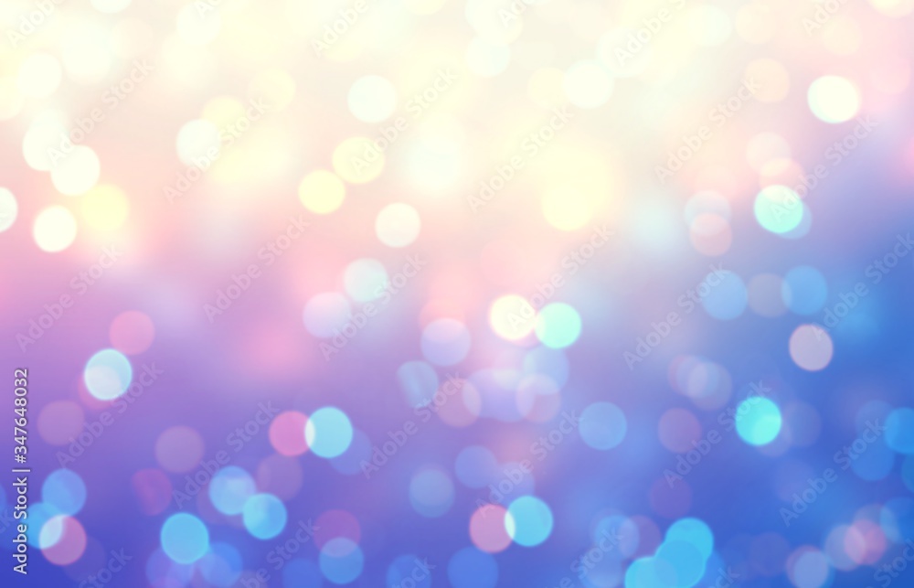 Bokeh pattern on blue lilac pink blurred background. Soft glitter pattern.