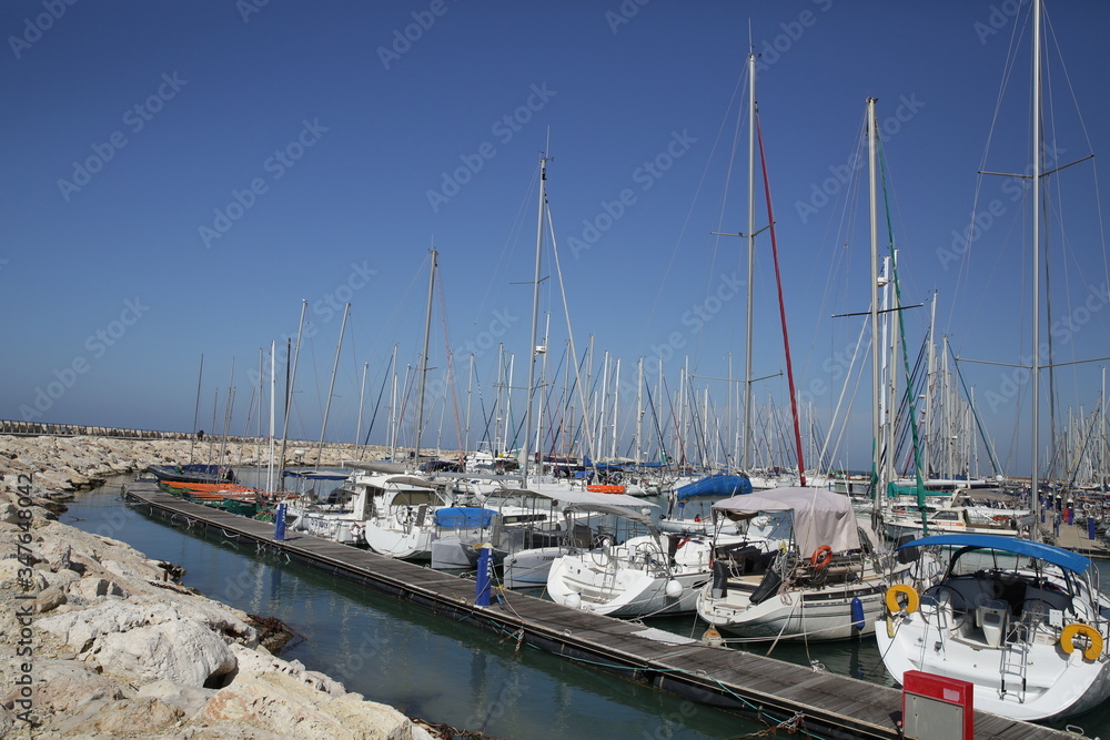 boats and yachts in marina and the blue sky. Pattern, background, banner, poster