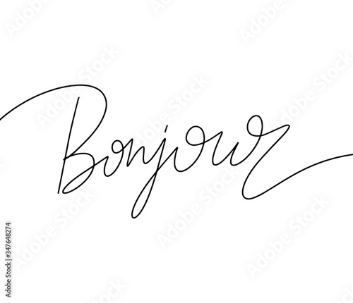 Bonjour. Vector hand drawn lettering  isolated. Template for card, poster, banner, print for t-shirt, pin, badge, patch.
