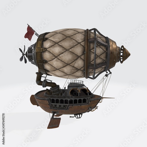 3d illustration of a fantasy airship in steampunk style on isolated white background. 3d computer graphics of a Zeppelin in Steampunk style