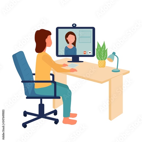 Woman sitting on office chair near monitor, watching online video conference, webinar. Education, work home concept, stock vector illustration isolated on white background in flat style.