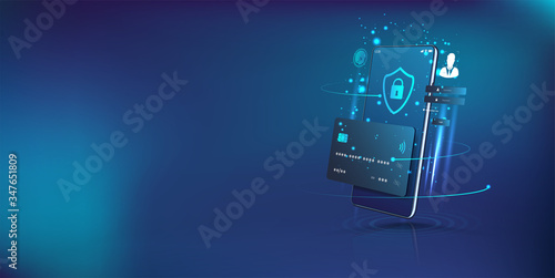 Perspective smartphone and internet banking app. Online payment security transaction via credit card. Digital protection, transfer pay protection. Modern smartphone app. Vector illustration photo